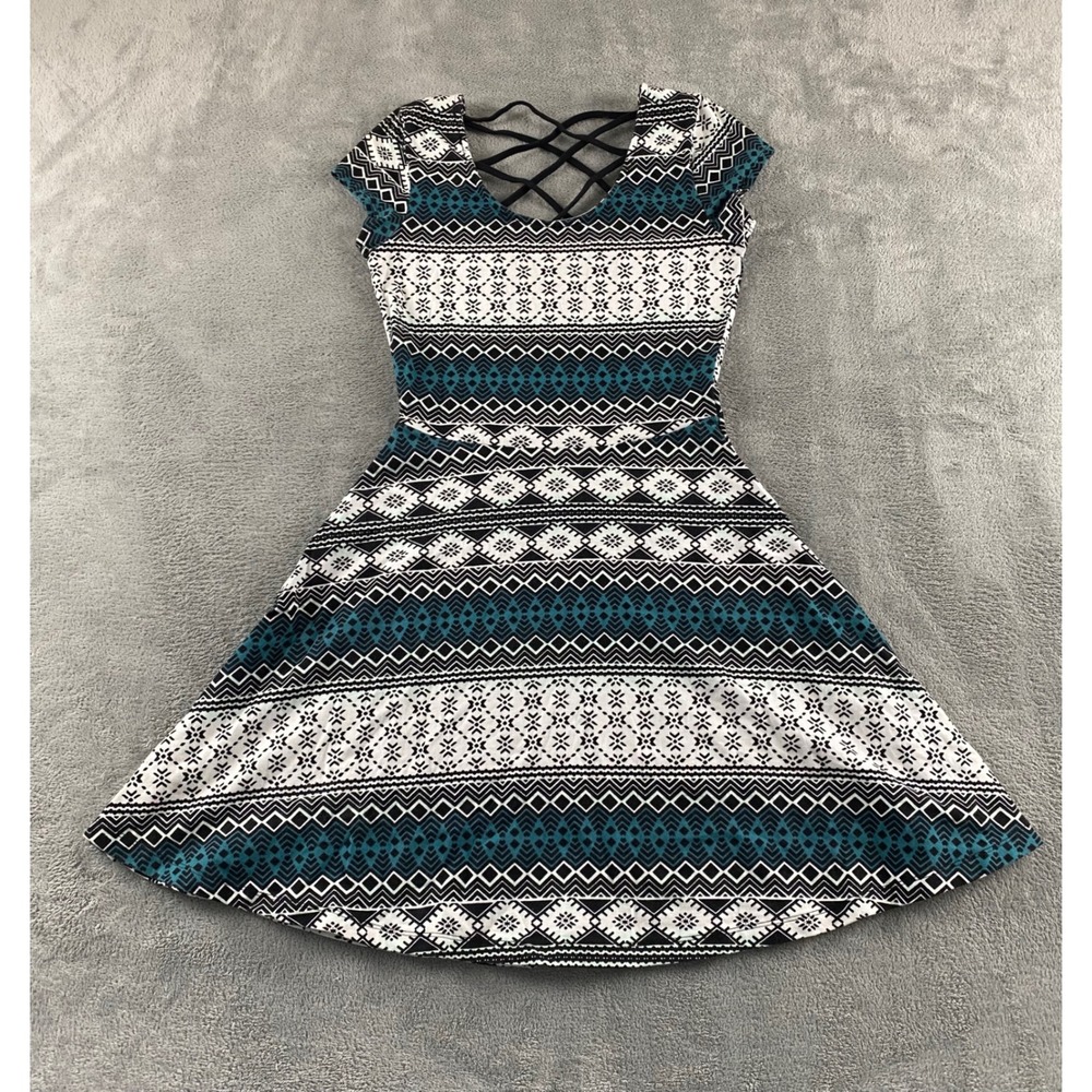 Charlotte Russe Teal Geometric Tribal Skater Dress Lattice Back Small